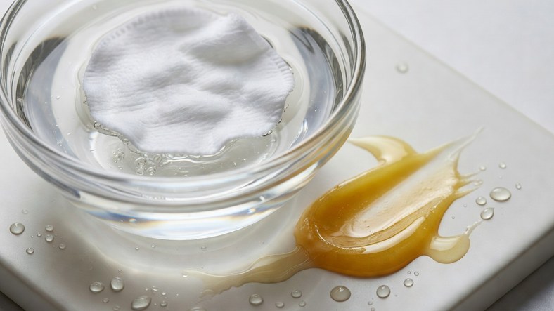 Micellar water in a bowl beside melting cleansing balm showing the texture difference between the two makeup removers