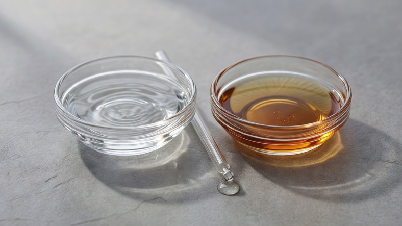 Watery AHA liquid and amber BHA liquid in glass dishes showing the two exfoliating acids for clogged pores