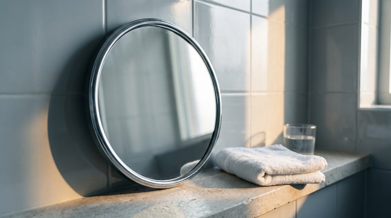 Magnifying mirror in raking side light, used to tell flat acne marks apart from acne scars