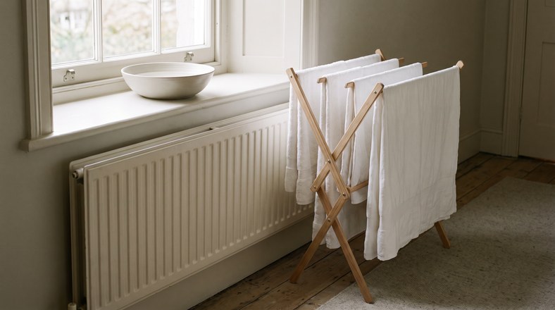 Laundry drying on an airer near a radiator to add moisture to dry indoor air in a UK home