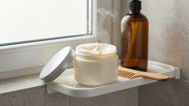 Hair mask, conditioner and wide-tooth comb on a bathroom shelf for hydrating frizzy hair in humid weather