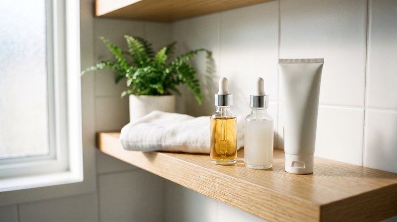 Vitamin C, niacinamide and SPF lined up to show how to layer them in a routine
