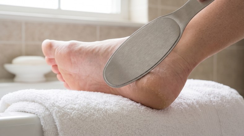 Stainless steel foot file smoothing hard skin on a dry, cracked heel