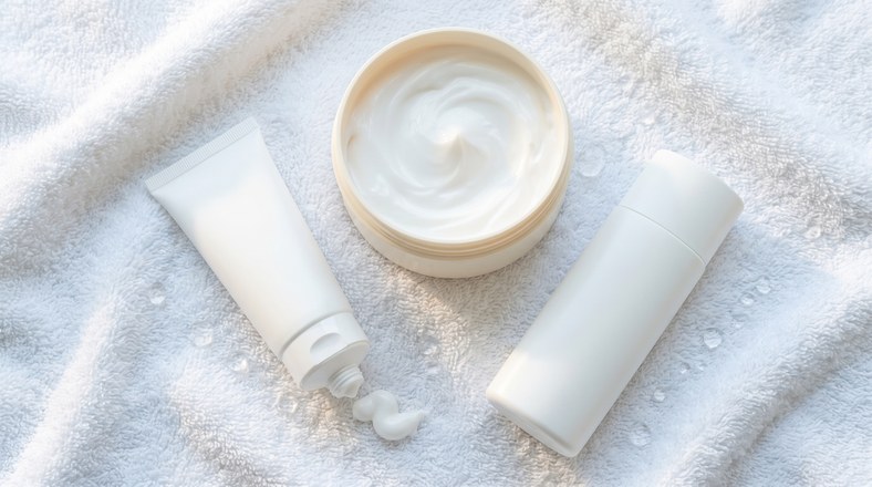 Gentle cleanser, ceramide moisturiser and sunscreen laid out on a towel as the supporting routine before starting retinol
