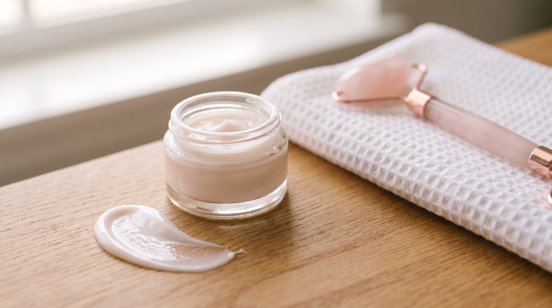 Eye serum and facial roller laid out for a lymphatic drainage massage to reduce puffy eyes