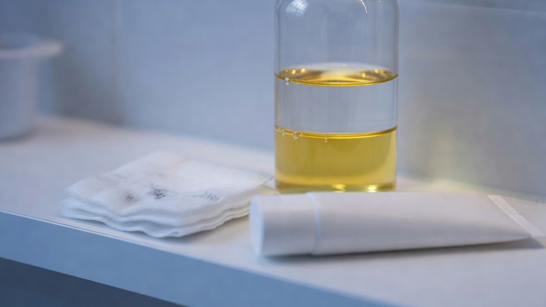 Bi-phase eye makeup remover with separated oil and water layers beside a mascara-stained cotton pad for waterproof makeup removal