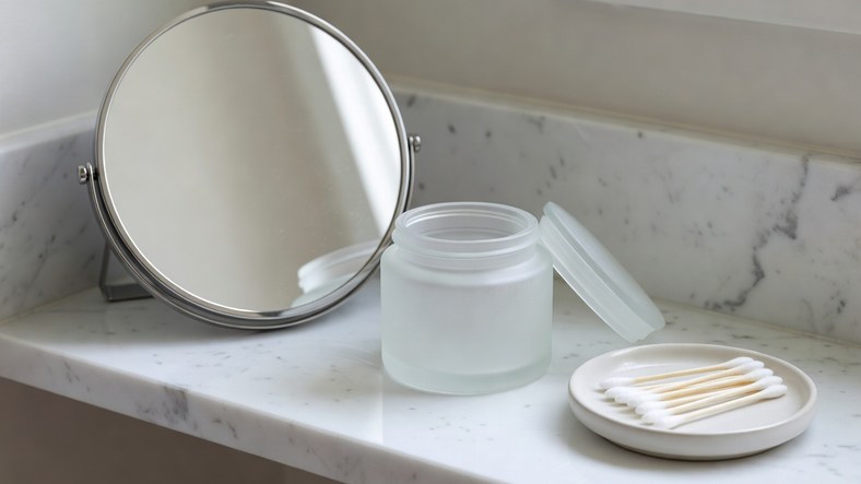 Magnifying mirror and skincare jar on a marble shelf for inspecting clogged pores and blackheads