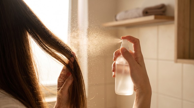 Heat protectant spray being misted onto hair sections before heat styling