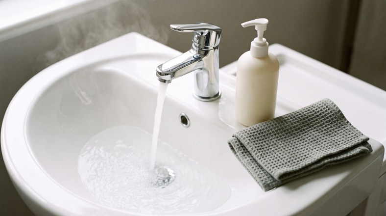 Gentle hydrating cleanser beside a basin of lukewarm water for cleansing dry skin caused by central heating