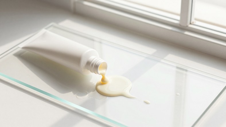 Lightweight invisible organic filter sunscreen fluid pouring onto glass, a fix for sunscreen white cast