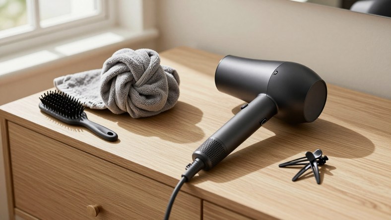 Microfibre hair towel and hair dryer with diffuser attachment for drying frizzy hair before humid weather