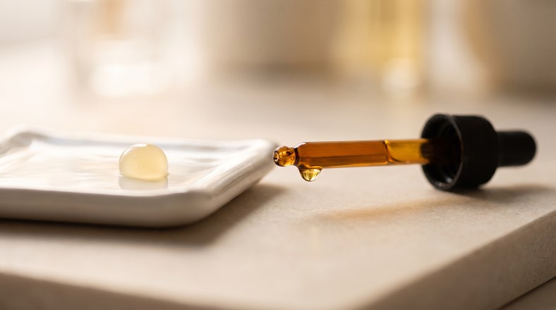 Pea-sized amount of retinol serum on a ceramic dish showing how much to apply to the face to avoid irritation