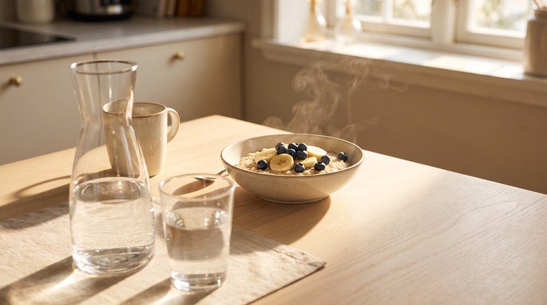 Glass of water and low-salt porridge breakfast with banana to help reduce puffy eyes in the morning