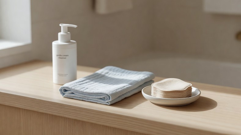 Fragrance-free hydrating cream cleanser with muslin cloth and reusable pads, a gentle makeup removal setup for sensitive skin