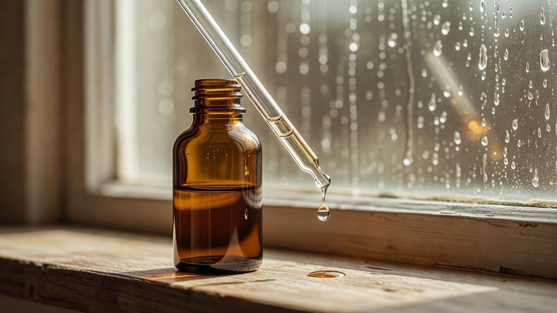 Amber dropper bottle of glycolic acid AHA exfoliant in natural window light