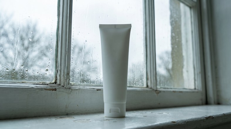 Facial sunscreen on a rainy windowsill in grey UK winter light, the key step for fading acne marks