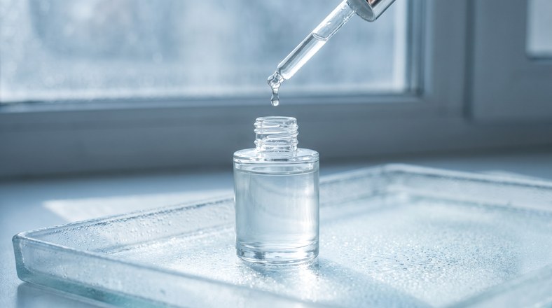 Hyaluronic acid serum dropper delivering humectant hydration for skin dried out by central heating