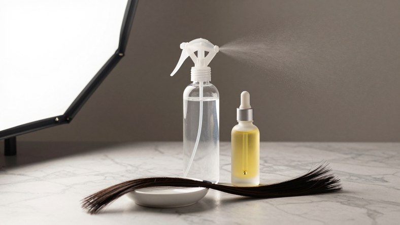 Anti-humidity hair spray and argan oil dropper for sealing hair against frizz in humid UK weather