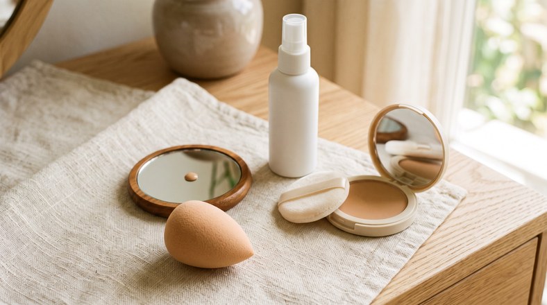Makeup sponge, pressed powder compact and setting spray for applying thin foundation layers on oily skin