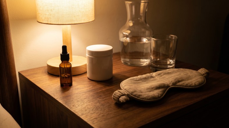 Retinol serum and moisturiser on a bedside table at night during a gradual retinol ramp-up routine