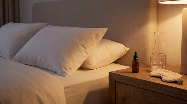 Raised pillows and an evening eye serum on a bedside table to prevent puffy eyes overnight