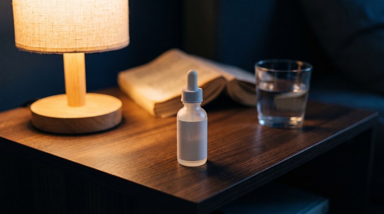 Retinal serum on a bedside table for a night-time routine that prevents nose blackheads