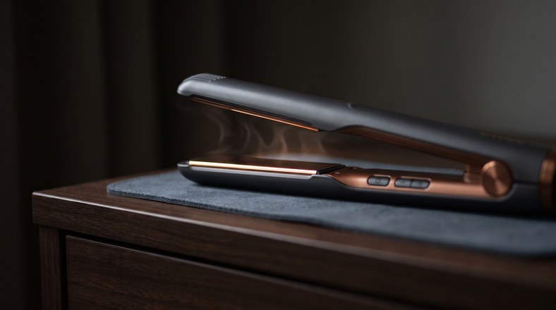 Ceramic hair straighteners on a heatproof mat set to a safe temperature to prevent heat damage