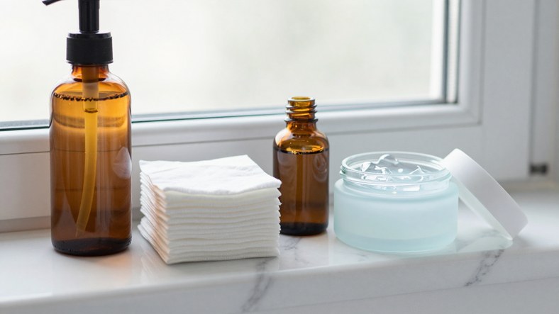 Exfoliating acid toner and lightweight gel moisturiser laid out to prep skin so sunscreen leaves no white cast