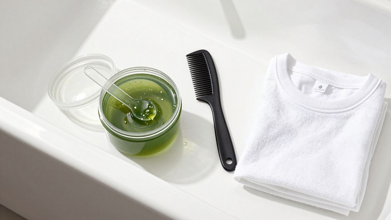 Tub of styling gel and wide-tooth comb for defining wavy curly hair and stopping frizz in humid weather