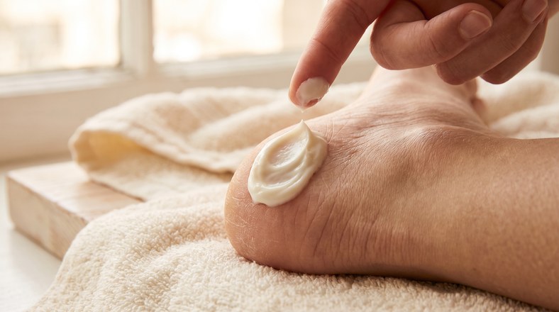 Rich foot cream being massaged into a dry, cracked heel