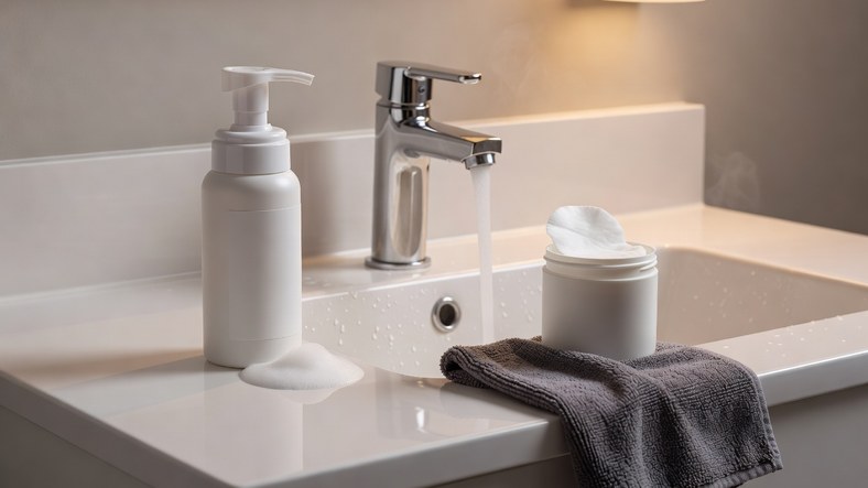 Foaming cleanser, exfoliating toner pads and a face flannel by a basin, the second cleanse after micellar water or cleansing balm