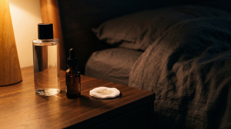 Glycolic toner and a retinal serum on a bedside table for a night routine that fades acne marks