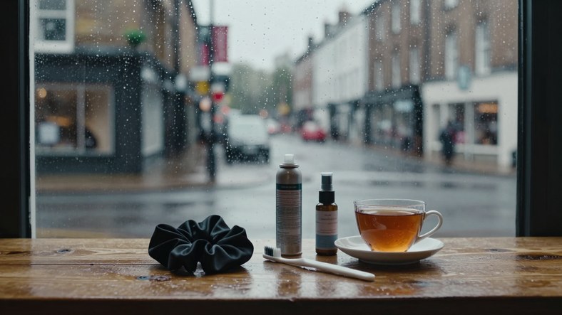 Silk scrunchie, hairspray and travel spray bottle on a cafe table on a rainy UK day for frizz-proof hairstyles