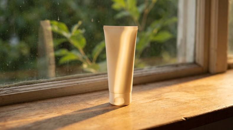 Facial SPF tube in morning light, the final sunscreen step when layering skincare correctly