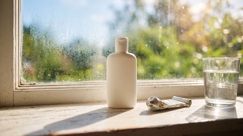 Sunscreen and barrier repair balm on a sunny windowsill, the daily SPF and rescue step of a retinol routine