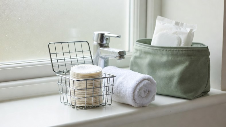 Reusable cotton pads, face flannel and cleansing wipes in a travel bag, low-waste makeup removal options for UK hard water areas