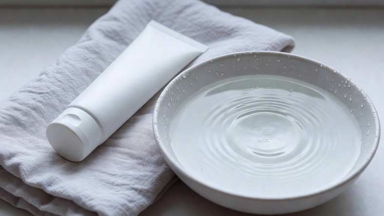 Soothing repair balm and cool flannel for calming skin over-exfoliated by AHA or BHA