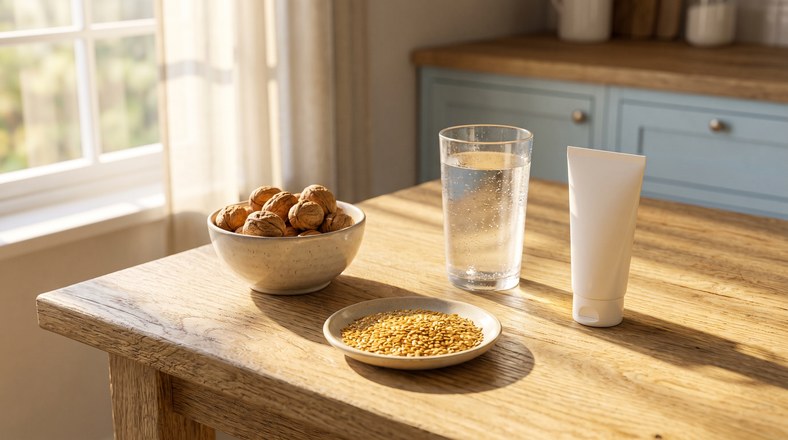 Walnuts, flaxseed, water and facial sunscreen supporting skin barrier repair from dry winter skin