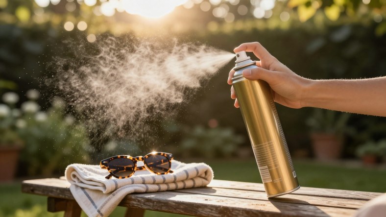 Dry mist sunscreen spray caught in golden sunlight, a no white cast way to top up body SPF in the UK