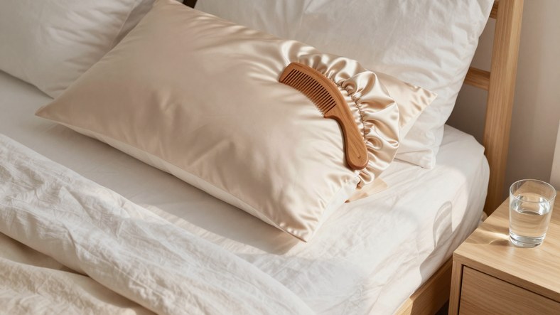 Silk pillowcase and hair bonnet on a bed to protect hair from frizz overnight in humid weather
